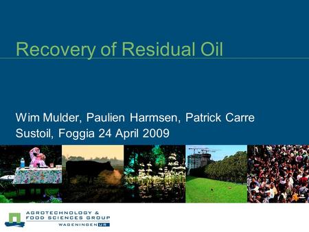 Recovery of Residual Oil Wim Mulder, Paulien Harmsen, Patrick Carre Sustoil, Foggia 24 April 2009.