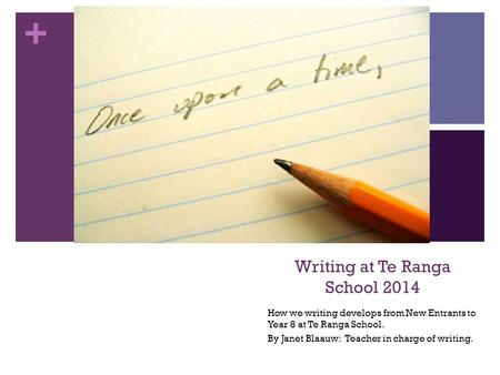 + Writing at Te Ranga School 2014 How we writing develops from New Entrants to Year 8 at Te Ranga School. By Janet Blaauw: Teacher in charge of writing.
