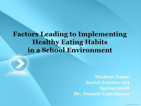 Factors Leading to Implementing Healthy Eating Habits in a School Environment Student Name Social Science 193 Spring 2008 Dr. Jeanett Castellanos.