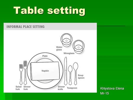 Table setting Khlystova Elena Mr-15. Tableware must:  match menu:snacks, meals, desserts, drinks;  match form of a table, table-cloth, napkins, interior.