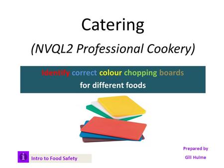 Catering (NVQL2 Professional Cookery) Identify correct colour chopping boards for different foods Intro to Food Safety Prepared by Gill Hulme.