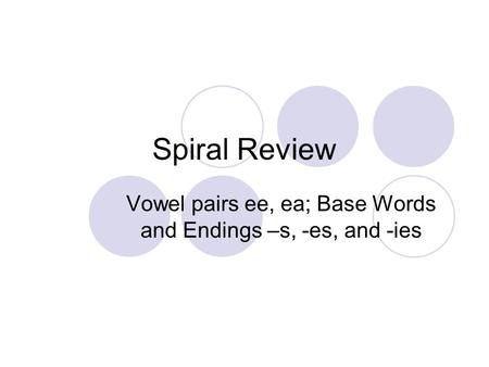 Spiral Review Vowel pairs ee, ea; Base Words and Endings –s, -es, and -ies.