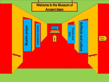 Museum Entrance Muslim prayer Islamic inventions Artifacts and culture Food and diet Welcome to the Museum of Ancient Islam Roan’s Office Quran Back Wall.