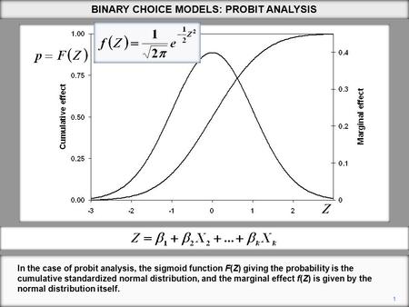 1 BINARY CHOICE MODELS: PROBIT ANALYSIS In the case of probit analysis, the sigmoid function F(Z) giving the probability is the cumulative standardized.