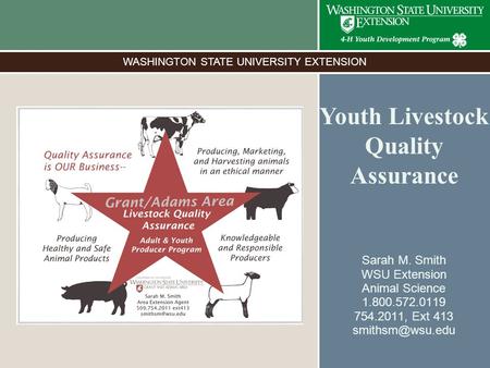 WASHINGTON STATE UNIVERSITY EXTENSION Youth Livestock Quality Assurance Sarah M. Smith WSU Extension Animal Science 1.800.572.0119 754.2011, Ext 413