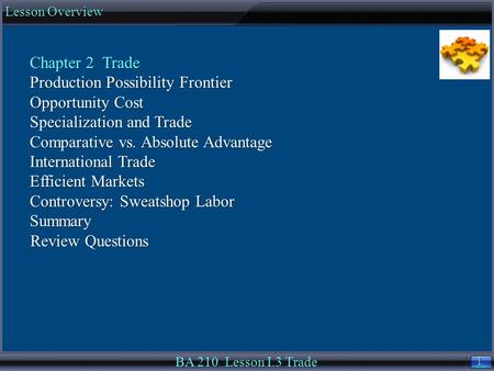 1 1 Lesson Overview BA 210 Lesson I.3 Trade Chapter 2 Trade Production Possibility Frontier Opportunity Cost Specialization and Trade Comparative vs. Absolute.