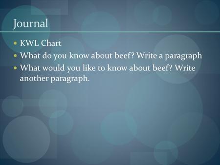 Journal KWL Chart What do you know about beef? Write a paragraph