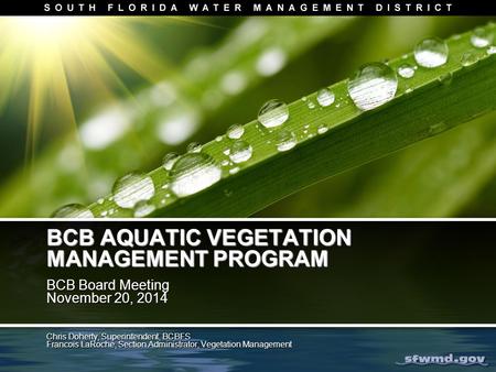 BCB AQUATIC VEGETATION MANAGEMENT PROGRAM BCB Board Meeting November 20, 2014 BCB Board Meeting November 20, 2014 Chris Doherty, Superintendent, BCBFS.