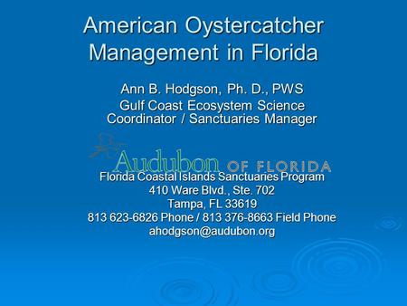 American Oystercatcher Management in Florida Ann B. Hodgson, Ph. D., PWS Gulf Coast Ecosystem Science Coordinator / Sanctuaries Manager Florida Coastal.