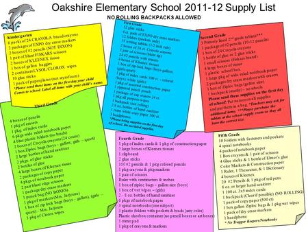 Oakshire Elementary School 2011-12 Supply List NO ROLLING BACKPACKS ALLOWED First Grade 12 glue sticks 4 ct. pack of EXPO dry erase markers 12 folders.