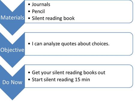 Materials Journals Pencil Silent reading book Objective I can analyze quotes about choices. Do Now Get your silent reading books out Start silent reading.