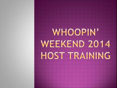  What is Whoopin’ Weekend?  Schedule for conference  Host rules  FAQs  Background Check and Child Protection Training.