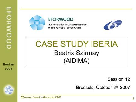 Eforwood week – Brussels 2007 1 Iberian case CASE STUDY IBERIA Beatrix Szirmay (AIDIMA) Session 12 Brussels, October 3 rd 2007.