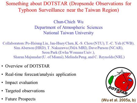 Something about DOTSTAR (Dropsonde Observations for Typhoon Surveillance near the Taiwan Region) Chun-Chieh Wu Department of Atmospheric Sciences National.