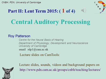 CNBH, PDN, University of Cambridge Roy Patterson Centre for the Neural Basis of Hearing Department of Physiology, Development and Neuroscience University.