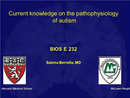Current knowledge on the pathophysiology of autism BIOS E 232 Sabina Berretta, MD Harvard Medical School McLean Hospital.