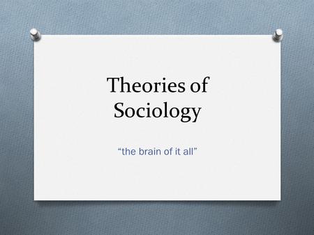 Theories of Sociology “the brain of it all”. Objectives: At the end of this unit students will be able to: O Identify and explain the three major sociological.