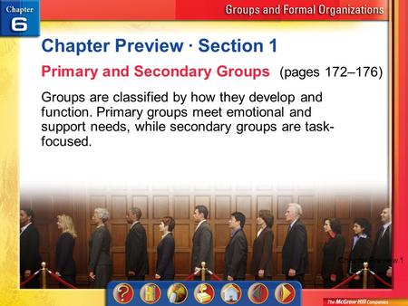 Chapter Preview 1 Chapter Preview · Section 1 Primary and Secondary Groups (pages 172–176) Groups are classified by how they develop and function. Primary.