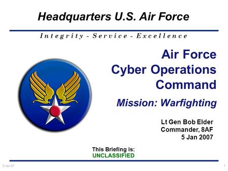 This Briefing is:UNCLASSIFIED Headquarters U.S. Air Force I n t e g r i t y - S e r v i c e - E x c e l l e n c e 3-Jan-071 Air Force Cyber Operations.