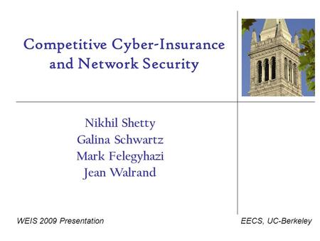 Competitive Cyber-Insurance and Network Security Nikhil Shetty Galina Schwartz Mark Felegyhazi Jean Walrand EECS, UC-BerkeleyWEIS 2009 Presentation.