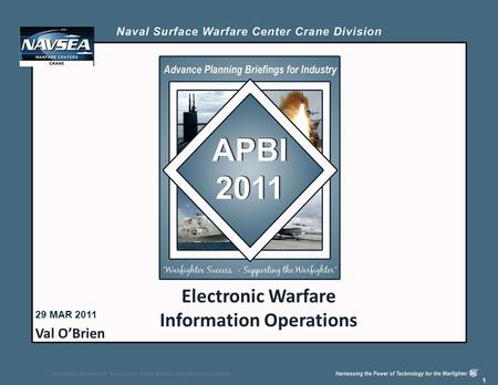 Distribution Statement A: Approved for Public Release; Distribution is unlimited. 1 Electronic Warfare Information Operations 29 MAR 2011 Val O’Brien.