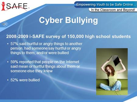Cyber Bullying 2008-2009 i-SAFE survey of 150,000 high school students 57% said hurtful or angry things to another person, had someone say hurtful or angry.