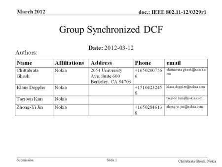 Submission doc.: IEEE 802.11-12/0329r1 March 2012 Chittabrata Ghosh, Nokia Slide 1 Date: 2012-03-12 Authors: Group Synchronized DCF.