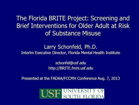The Florida BRITE Project: Screening and Brief Interventions for Older Adult at Risk of Substance Misuse Larry Schonfeld, Ph.D. Interim Executive Director,