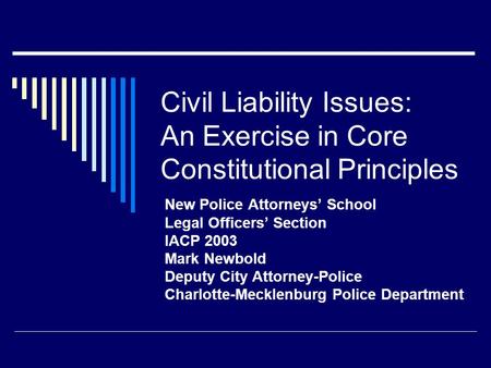 Civil Liability Issues: An Exercise in Core Constitutional Principles New Police Attorneys’ School Legal Officers’ Section IACP 2003 Mark Newbold Deputy.