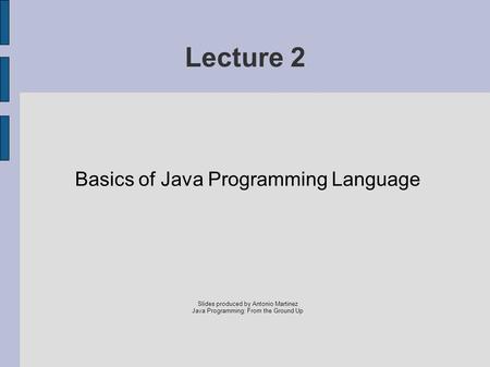 Lecture 2 Basics of Java Programming Language Slides produced by Antonio Martinez Java Programming: From the Ground Up.