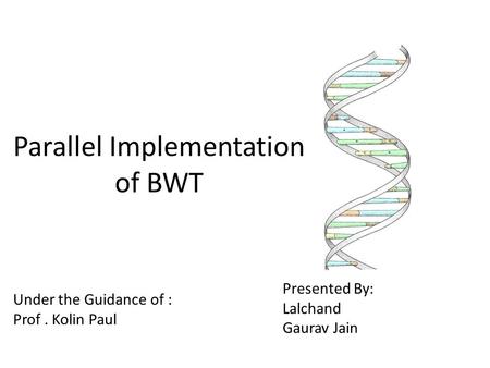 Parallel Implementation of BWT Under the Guidance of : Prof. Kolin Paul Presented By: Lalchand Gaurav Jain.