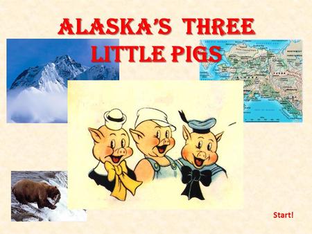 Alaska’s three little pigs Start!. Once upon a time there were 3 little pigs. The whole summer they were hiking, camping and fishing The first autumn.