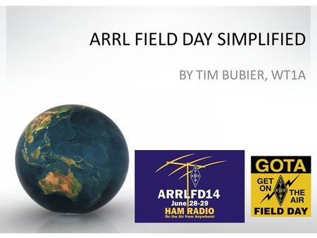 ARRL FIELD DAY SIMPLIFIED BY TIM BUBIER, WT1A. Field Day Simplified Purpose of Field Day Basic Rules The Contact Exchange Scoring Station Setup Strategies.