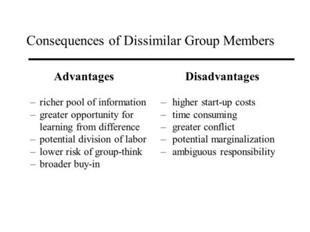 Consequences of Dissimilar Group Members Advantages –richer pool of information –greater opportunity for learning from difference –potential division of.