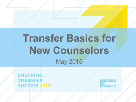 Transfer Basics for New Counselors May 2015. ENSURING TRANSFER SUCCESS 2015 Session Overview ●Transfer admission overview ●Transfer programs ●Tools ●Basic.