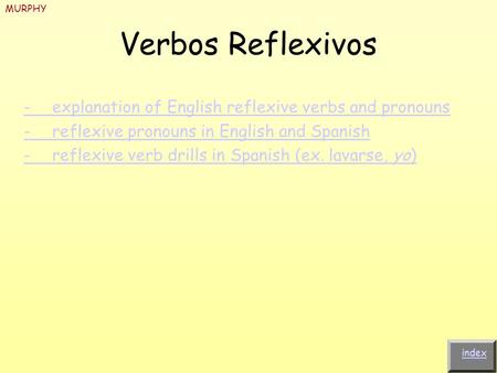 Verbos Reflexivos -explanation of English reflexive verbs and pronouns -reflexive pronouns in English and Spanish -reflexive verb drills in Spanish (ex.