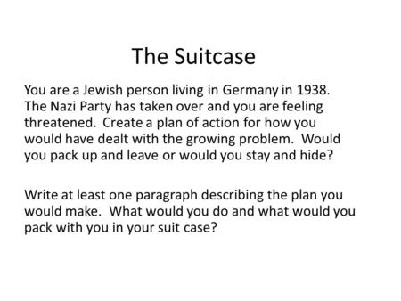 The Suitcase You are a Jewish person living in Germany in 1938. The Nazi Party has taken over and you are feeling threatened. Create a plan of action for.