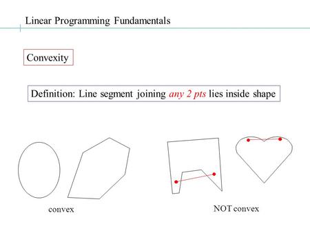 Linear Programming Fundamentals Convexity Definition: Line segment joining any 2 pts lies inside shape convex NOT convex.