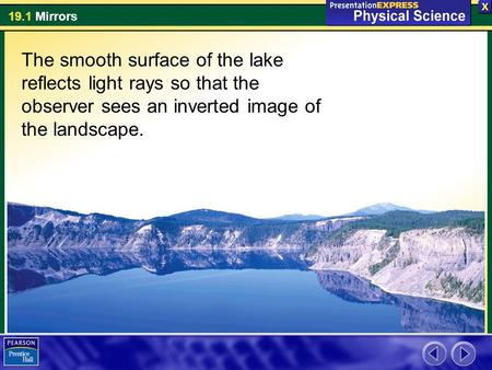 19.1 Mirrors The smooth surface of the lake reflects light rays so that the observer sees an inverted image of the landscape.