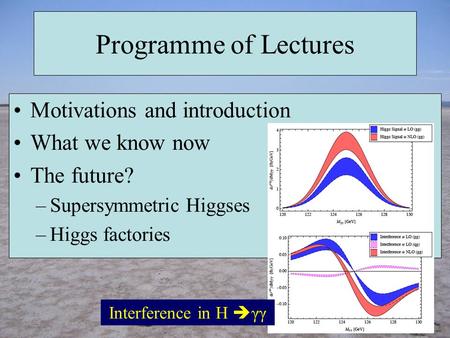 Programme of Lectures Motivations and introduction What we know now The future? –Supersymmetric Higgses –Higgs factories Interference in H  γγ.