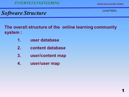 Software Structure CHAPTER 4 The overall structure of the online learning community system : 1.user database 2.content database 3.user/content map 4.user/user.