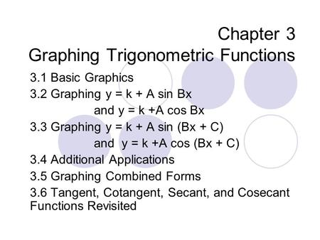 Chapter 3 Graphing Trigonometric Functions 3.1 Basic Graphics 3.2 Graphing y = k + A sin Bx and y = k +A cos Bx 3.3 Graphing y = k + A sin (Bx + C) and.