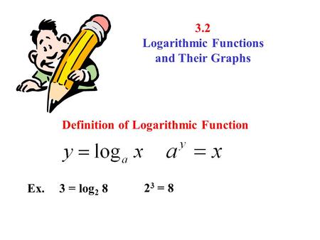 3.2 Logarithmic Functions and Their Graphs Definition of Logarithmic Function Ex. 3 = log 2 8 2 3 = 8.
