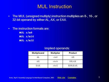 Web siteWeb site ExamplesExamples Irvine, Kip R. Assembly Language for Intel-Based Computers, 2003. 1 MUL Instruction The MUL (unsigned multiply) instruction.
