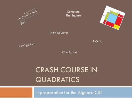 CRASH COURSE IN QUADRATICS In preparation for the Algebra CST -b + b 2 – 4ac 2ac √ (x+4)(x-3)=0 (x+1)(x+2) X 2 – 5x +4 F O I L Complete The Square.