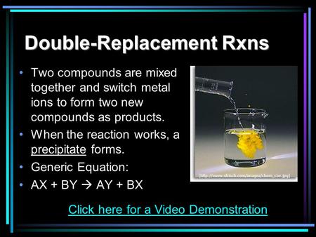 Double-Replacement Rxns Two compounds are mixed together and switch metal ions to form two new compounds as products. When the reaction works, a precipitate.