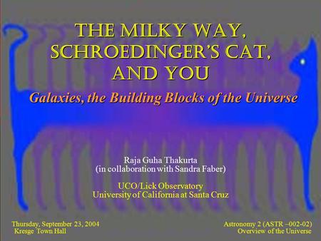 The Milky Way, Schroedinger’s Cat, and You Thursday, September 23, 2004 Astronomy 2 (ASTR –002-02) Kresge Town Hall Overview of the Universe Raja Guha.