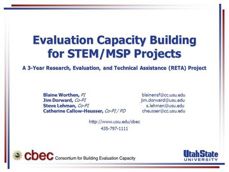 Evaluation Capacity Building for STEM/MSP Projects A 3-Year Research, Evaluation, and Technical Assistance (RETA) Project Blaine Worthen, Blaine Worthen,