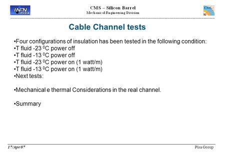 Cable Channel tests ____________________________________________________________ 17/Apr/07 Pisa Group Four configurations of insulation has been tested.