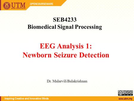 EEG Analysis 1: Newborn Seizure Detection SEB4233 Biomedical Signal Processing Dr. Malarvili Balakrishnan 1.